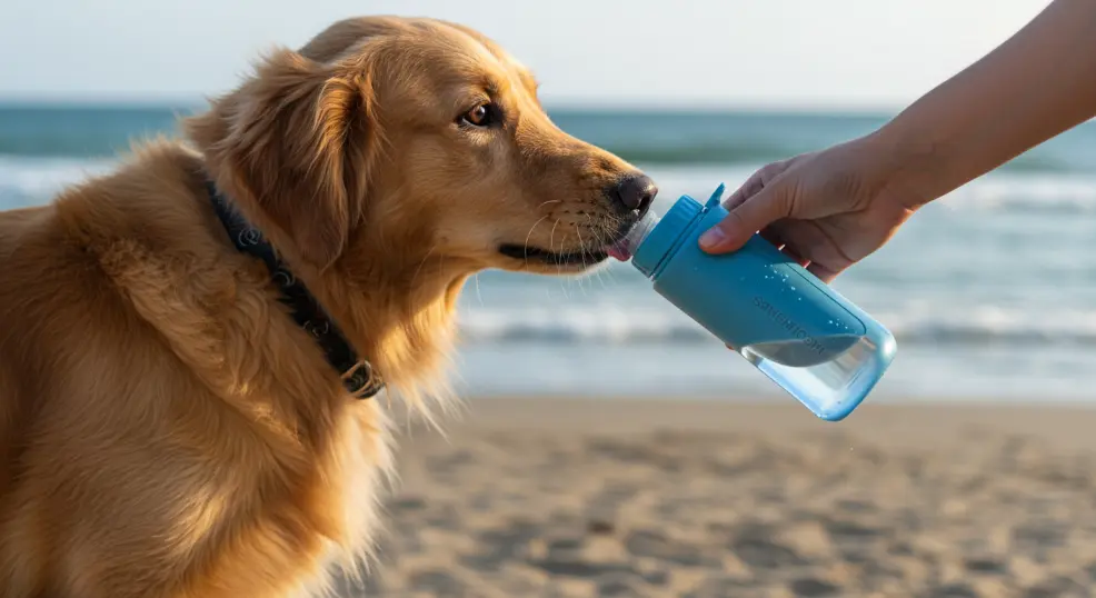 Golden Retriever staying hydrated at the beach.