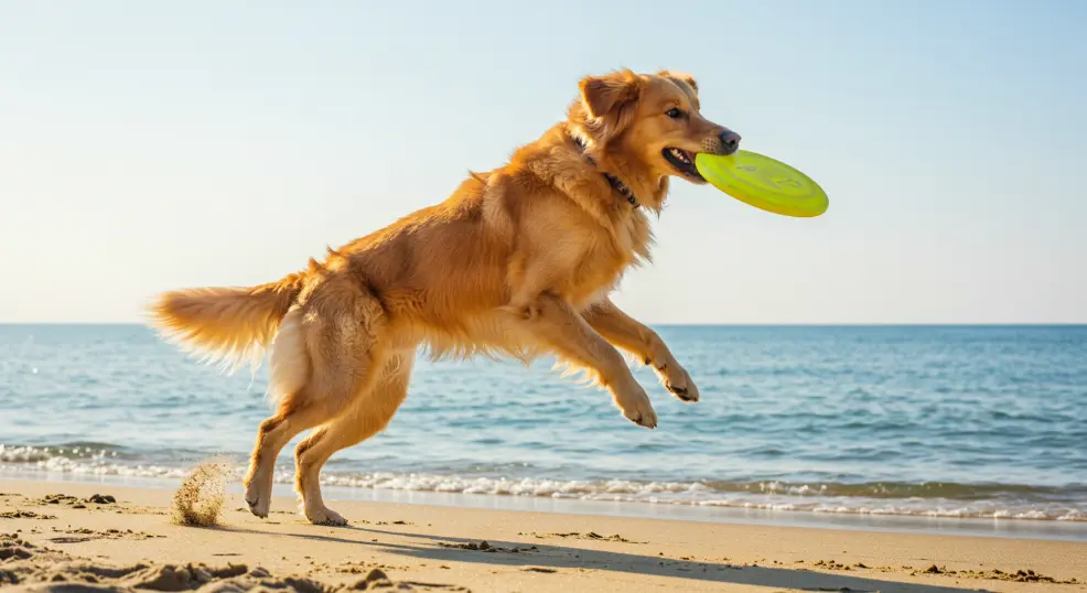 Golden Retriever playing fetch at the beach.