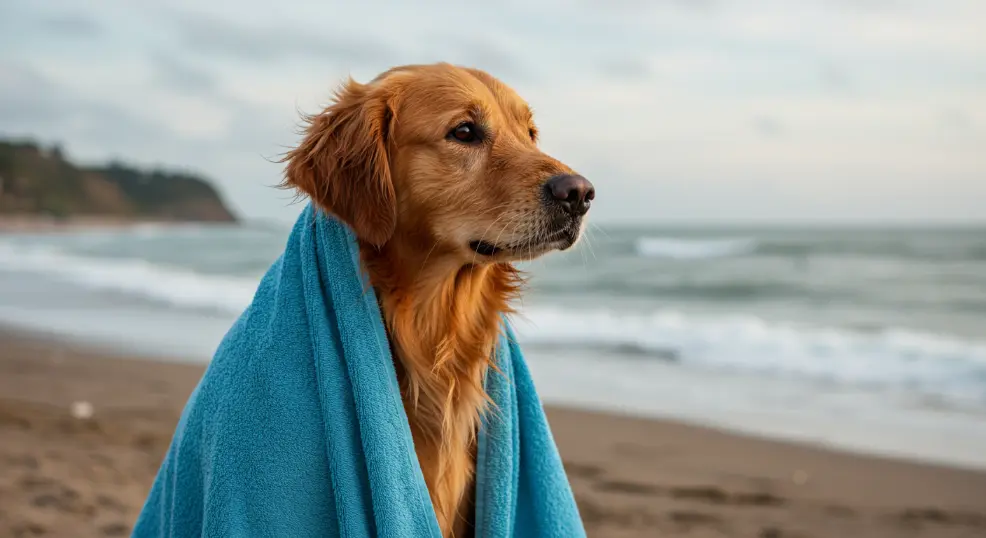 Golden Retriever drying off in a towel after beach play.