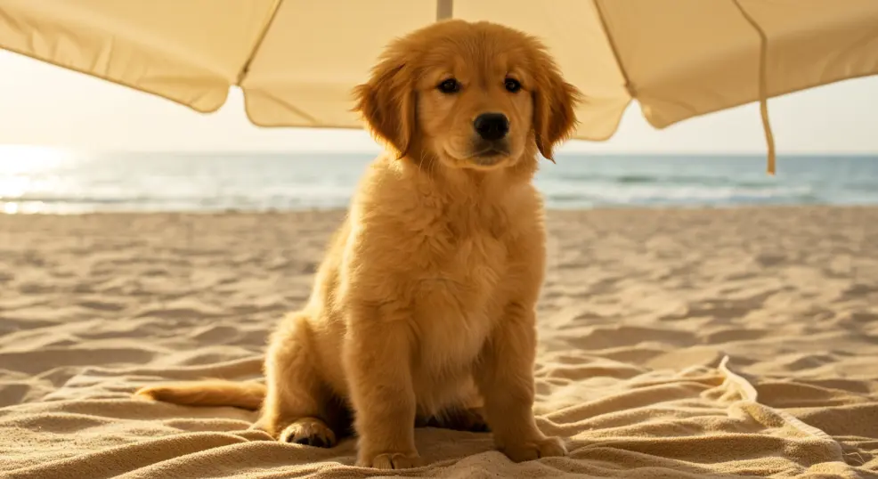 Golden Retriever puppy relaxing at the beach.