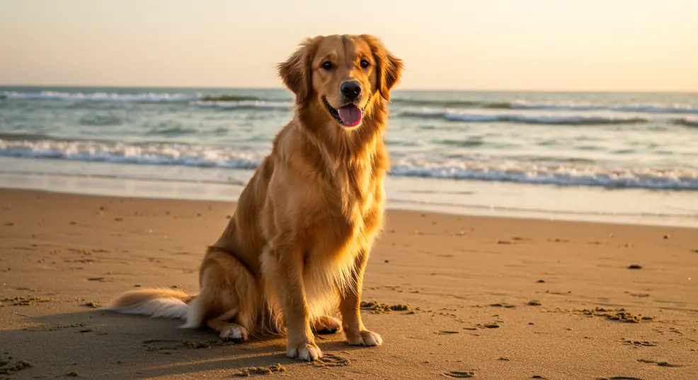 Golden Retriever relaxing at the beach.