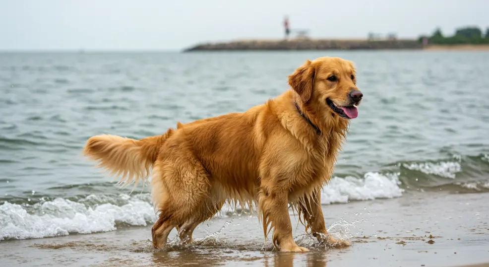 Golden Retriever standing at the beach.