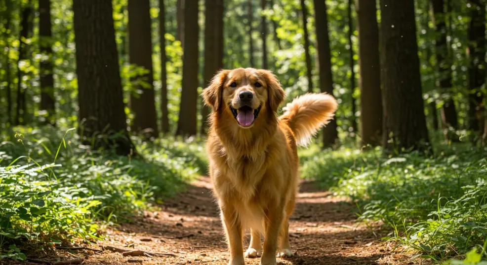 Golden Retriever enjoying a hike on a woodland trail.