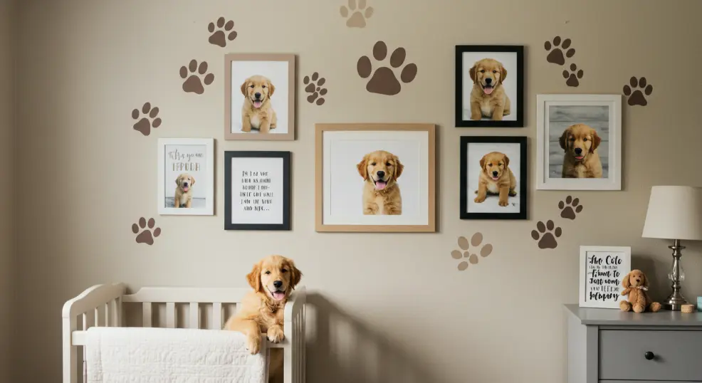  Golden retriever nursery decorated with wall art and photos.