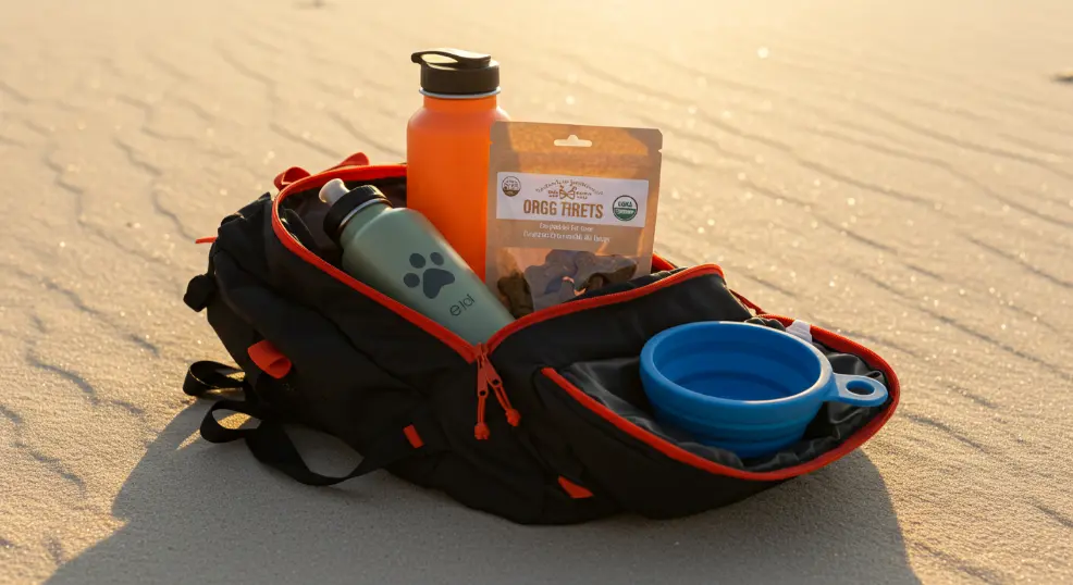 golden retriever hiking tips bag with essentials for hiking