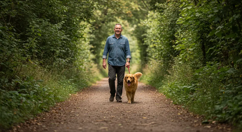 Golden Retriever hiking on a shaded path with its owner.