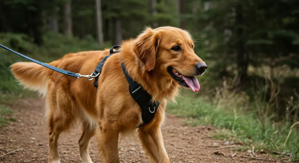 Golden Retriever on a leash with a secure harness while hiking.