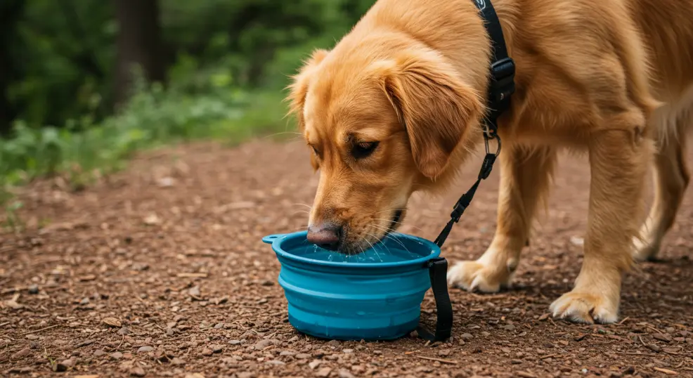 Golden Retriever staying hydrated during a hike with portable water bowl.