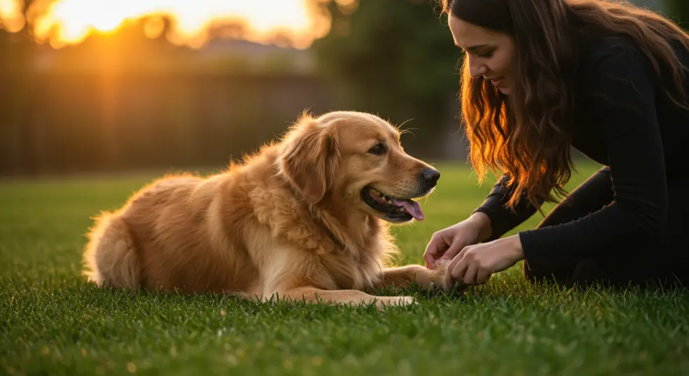 Owner checking a Golden Retriever’s paws after a hike