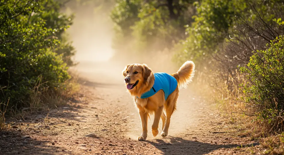 Golden Retriever staying cool during a hot-weather hike
