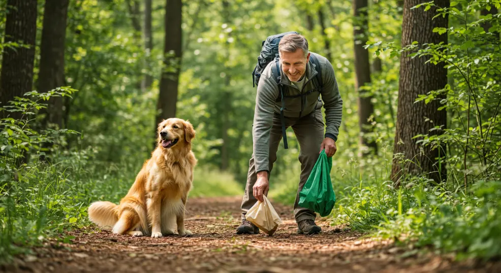 Dog owner cleaning up after their Golden Retriever during a hike.