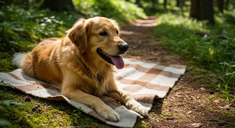 Tired Golden Retriever resting after a trail adventure.