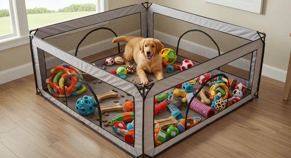  Indoor play area for golden retriever puppy.