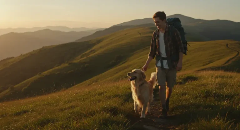 Golden Retriever exercising outdoors while owner monitors energy levels.