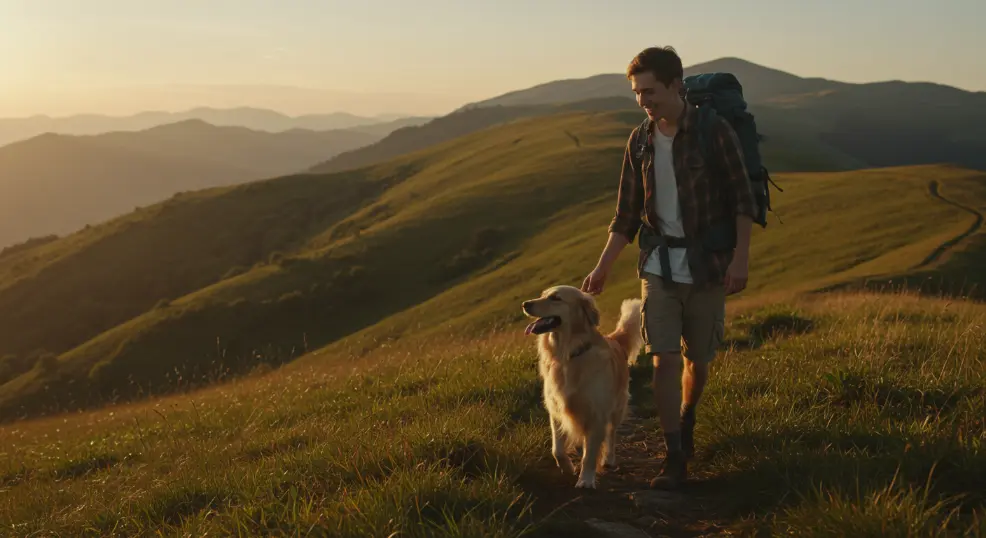 golden retriever hiking with owner
