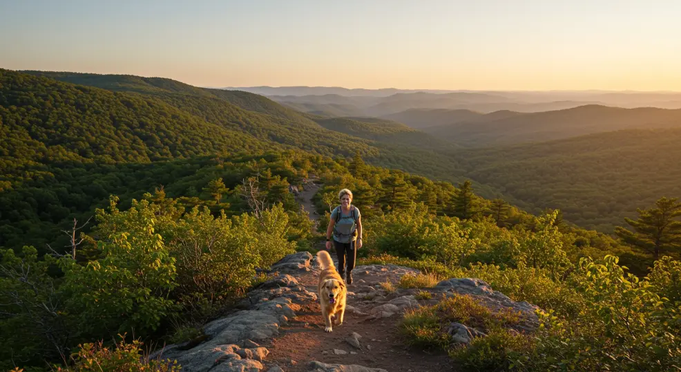 golden retriever hiking with owner enjoying