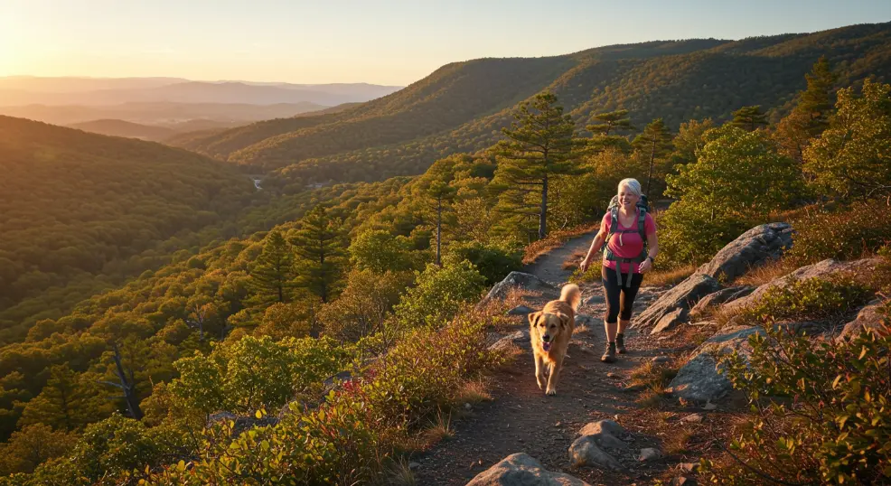 golden retriever hiking with owner