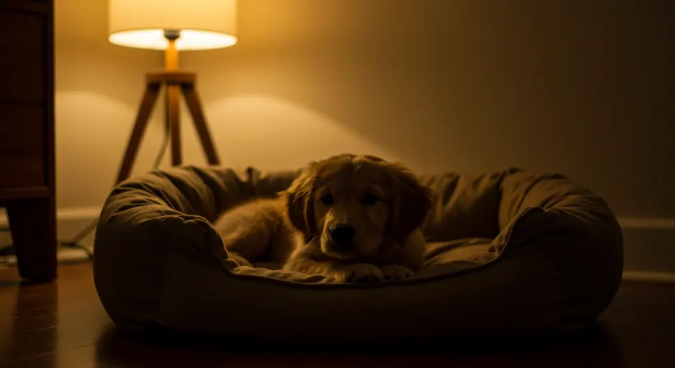 Warm lighting setup in a golden retriever puppy room.