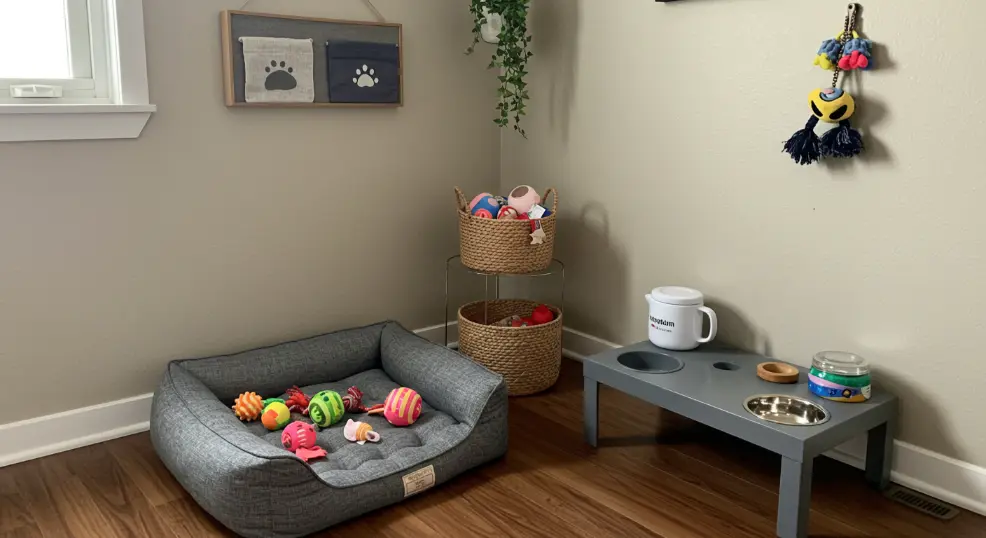  Cozy golden retriever nursery setup with bed and toys.